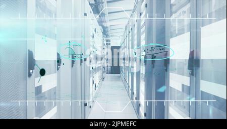 Mathematical equations and molecular structures against empty server room Stock Photo