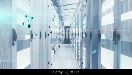 Mathematical equations and molecular structures against empty server room Stock Photo