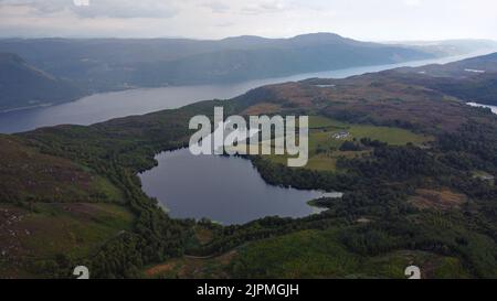 Aerial view of the western end of Loch Ness and Loch Nan Lann in the Scottish Highlands of Scotland UK Stock Photo