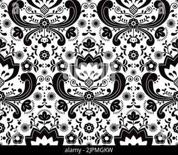 Norwegian folk art vector seamless pattern - Rosemaling style embroidery design in black and white Stock Vector