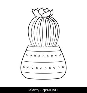 Vector outline blooming cactus in pot. Indoor succulent plant with flower. Cacti for home and interior. Botanical doodle linear black and white illust Stock Vector