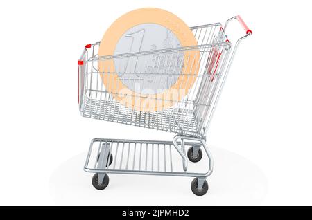 Shopping cart with euro coin, 3D rendering isolated on white background Stock Photo