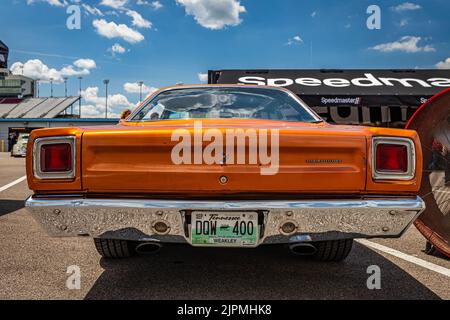 Lebanon, TN - May 13, 2022: Low perspective rear view of a 1969 Plymouth Roadrunner 383 Hardtop Coupe at a local car show. Stock Photo