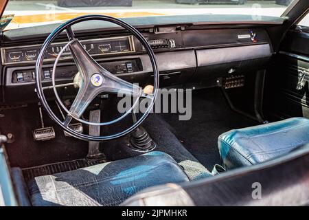 Lebanon, TN - May 13, 2022: High perspective detail interior view of a 1969 Plymouth Roadrunner 383 Hardtop Coupe at a local car show. Stock Photo