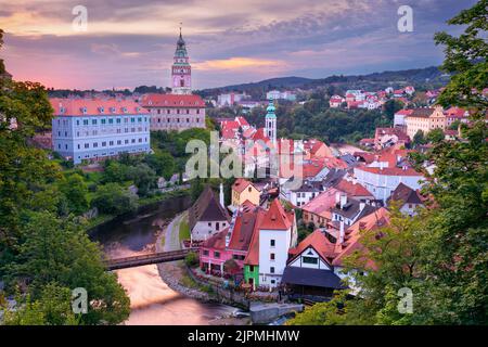 Cesky Krumlov. Aerial cityscape image of Cesky Krumlov, Czech Republic at summer sunrise. Stock Photo