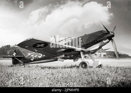 A Messerschmitt Bf 109, a German World War II fighter aircraft that was, along with the Focke-Wulf Fw 190, the backbone of the Luftwaffe's fighter force. It was one of the most advanced fighters when it first appeared, with an all-metal monocoque construction, a closed canopy, and retractable landing gear. Stock Photo