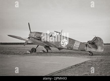 A Messerschmitt Bf 109, a German World War II fighter aircraft that was, along with the Focke-Wulf Fw 190, the backbone of the Luftwaffe's fighter force. It was one of the most advanced fighters when it first appeared, with an all-metal monocoque construction, a closed canopy, and retractable landing gear. Stock Photo