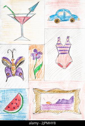 sketch for embroidery with drawings of cocktail, car, butterfly, flower, swimsuit, watermelon slice, painting with landscape hand-drawn with color pen Stock Photo