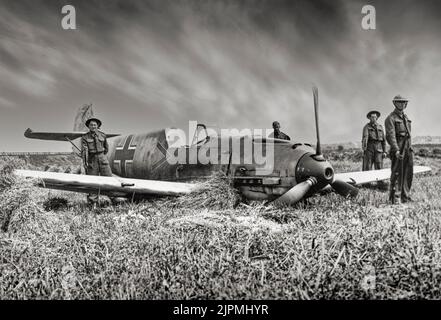 A Messerschmitt Bf 109 at Shoreham aerodrome in Sussex, England  1940 after crashing during the Battle of Britain. A German World War II fighter aircrafts, that along with the Focke-Wulf Fw 190, was the backbone of the Luftwaffe's fighter force. It was one of the most advanced fighters when it first appeared, with an all-metal monocoque construction, a closed canopy, and retractable landing gear. Stock Photo