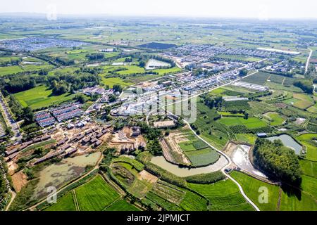 CHUZHOU, CHINA - AUGUST 14, 2022 - Aerial photo taken on Aug 14, 2022 shows Xiaogang village, Xiaoxihe town, Fengyang county, Chuzhou City, Anhui Prov Stock Photo