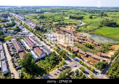 CHUZHOU, CHINA - AUGUST 14, 2022 - Aerial photo taken on Aug 14, 2022 shows Xiaogang village, Xiaoxihe town, Fengyang county, Chuzhou City, Anhui Prov Stock Photo