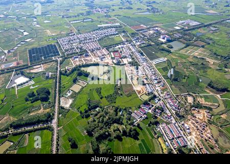 CHUZHOU, CHINA - AUGUST 14, 2022 - Aerial photo taken on Aug 14, 2022 shows Xiaogang village, Xiaoxihe town, Fengyang county, Chuzhou City, Anhui Prov Stock Photo