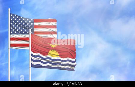 Waving American flag and flag of Kiribati. Stock Photo