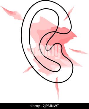 Human ear with pain continuous line drawing. Tinnitus, otitis, or infections concept. Medical checkup and test of hearing organs concept. Deafness sym Stock Vector