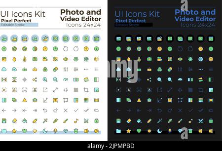 Photo and video editor pixel perfect RGB color ui icons set for dark, light mode Stock Vector