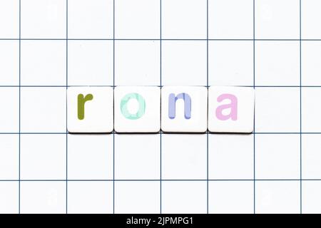 Colorful tile letter in word RONA (Abbreviation of Return on net assets) on white grid background Stock Photo