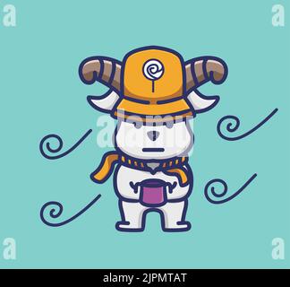 cute goat winter holding a cup of coffee. animal cartoon isolated style flat vector illustration Stock Vector