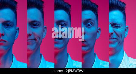 Collage made with cropped images of young man with different emetions over pink background in neon. Art, fashion, style, facial expressions Stock Photo