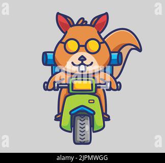 Cute squirrel riding vespa backpackker trip. cartoon animal travel holiday vacation summer concept Isolated illustration. Flat Style suitable for Stic Stock Vector