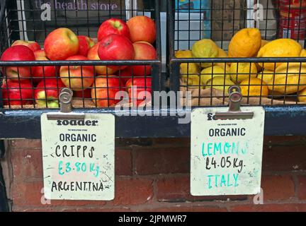 Organic fruit & vegetables, that have large carbon footprint, after coming halfway around the world Stock Photo