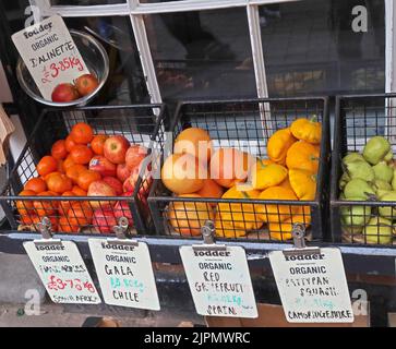 Organic fruit & vegetables, that have large carbon footprint, after coming halfway around the world Stock Photo