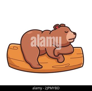 cute cartoon grizzly bear sleeping on branch tree vector illustration icon isolated animal flat Stock Vector