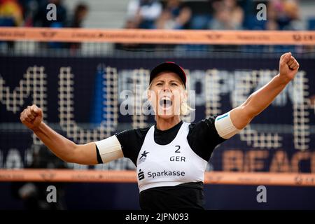 Munich, Germany. 19th Aug, 2022. Munich, Germany, August 19th 2022: Karla Borger (2 Germany) during the Beach Volleyball Quarter Final game between Germany and Latvia at Koenigsplatz at the Munich 2022 European Championships in Munich, Germany (Liam Asman/SPP) Credit: SPP Sport Press Photo. /Alamy Live News Stock Photo