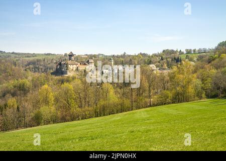 Beautiful panoramic view of Sovinec, castle in the Moravian-Silesian Region, Czech Republic, Europe. HD wallpaper, 4k Green background Stock Photo