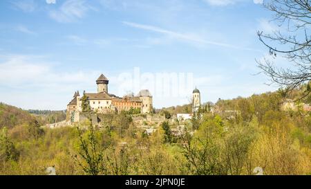 Beautiful panoramic view of Sovinec, castle in the Moravian-Silesian Region, Czech Republic, Europe. HD wallpaper, 4k Green background Stock Photo