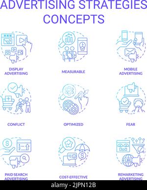 Advertising strategies blue gradient concept icons set Stock Vector