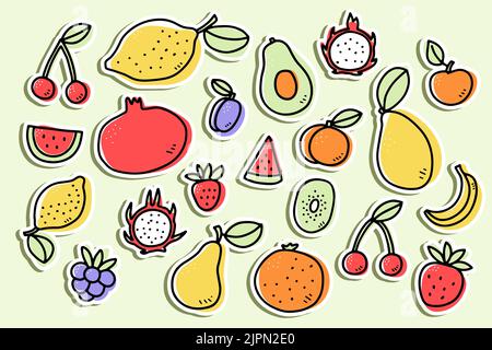 Doodle fruits, berries sticker set. Hand-drawn orange, apple, avocado, strawberry, pear, cherry, lemon, Pitaya on green color background. Healthy food Stock Vector