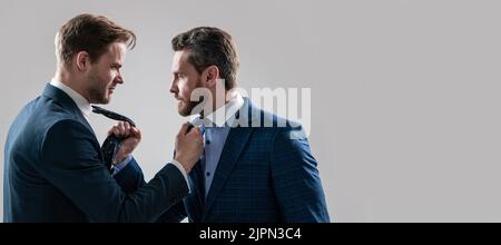 Man face portrait, banner with copy space. displeased colleague dispute. negotiations. businessmen talking and discussing conflict. Stock Photo