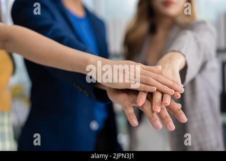 Group of Asia young entrepreneurs creative people join hand and excited for success project, working together in the office. Stratup business team dis Stock Photo