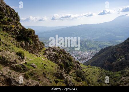 A landscape view of the Chefchaouen city with surrounded with mountains in Morocco Stock Photo