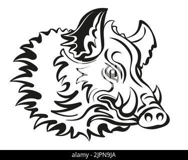 Boar, Wild Hog, Feral Pig with shaggy fur, sharp fangs, dangerous, menacing look, ready to attack. Isolated illustration, black and white on white. Stock Photo