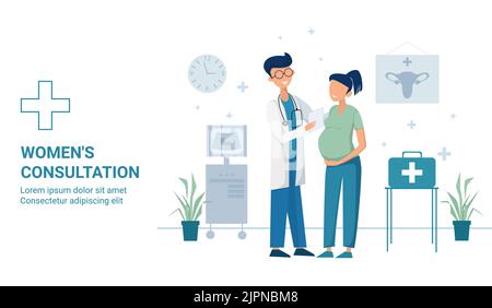 inscription female consultation medical cross sign ultrasound machine and gynecological poster pregnant patient at the doctors appointment Stock Vector