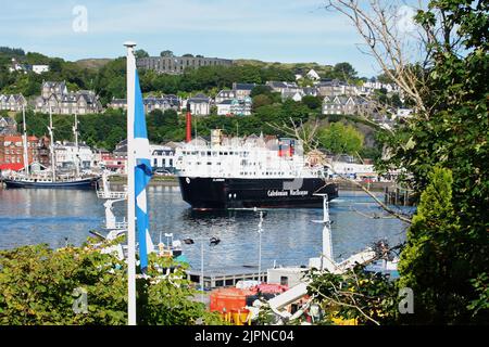Caledonian MacBrayne inter-island ferry Clansman departing from Oban, Argyll and Bute. Stock Photo