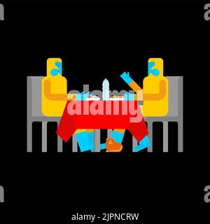 Post apocalyptic dinner. romantic date after nuclear war. A couple in chemical protection sits at table. Nuclear war concept. Poster for the radioacti Stock Vector