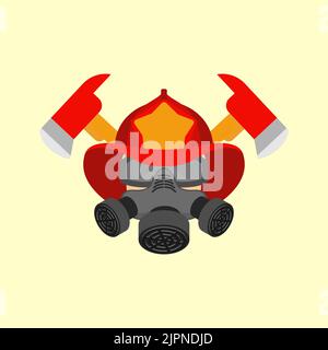 Firefighter in helmet sign. Fire ax and flame. Fire department symbol. fireman emblem Stock Vector