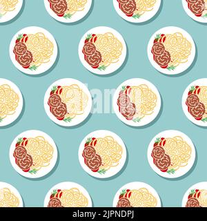 Pasta and meatballs pattern seamless. Food background Stock Vector