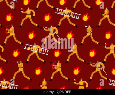 Firefighter pattern seamless. fireman background. firefighter run on fire texture Stock Vector