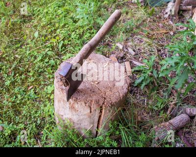 An axe stuck in a old wooden beam in the dark green grass Stock Photo