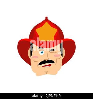Firefighter winks emoji avatar. Face Fireman happy emotion. Stock Vector