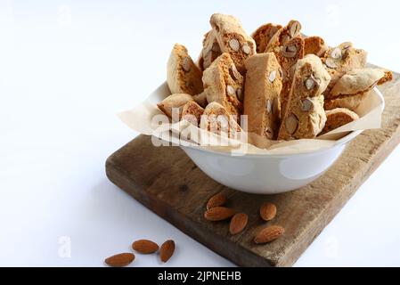 Cantucci, traditional Italian almond cookies from Tuscany on white background. Stock Photo