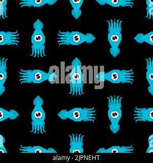 Squid pixel art pattern seamless 8 bit cephalopod marine animal background. pixelated texture Stock Vector