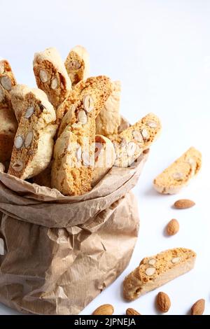 Cantucci, traditional Italian almond cookies from Tuscany on white background. Stock Photo