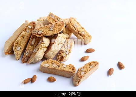 Cantucci, traditional Italian almond cookies from Tuscany on white background. Stock Photo