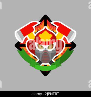 Firefighter Skull in helmet sign. Fire ax and flame. Fire department symbol. fireman emblem Stock Vector