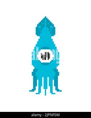 Squid pixel art. 8 bit cephalopod marine animal. pixelated illustration Stock Vector