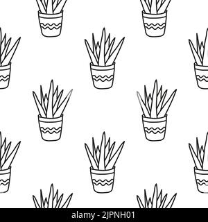 Black and white seamless pattern with doodle outline plants in pots. Stock Vector